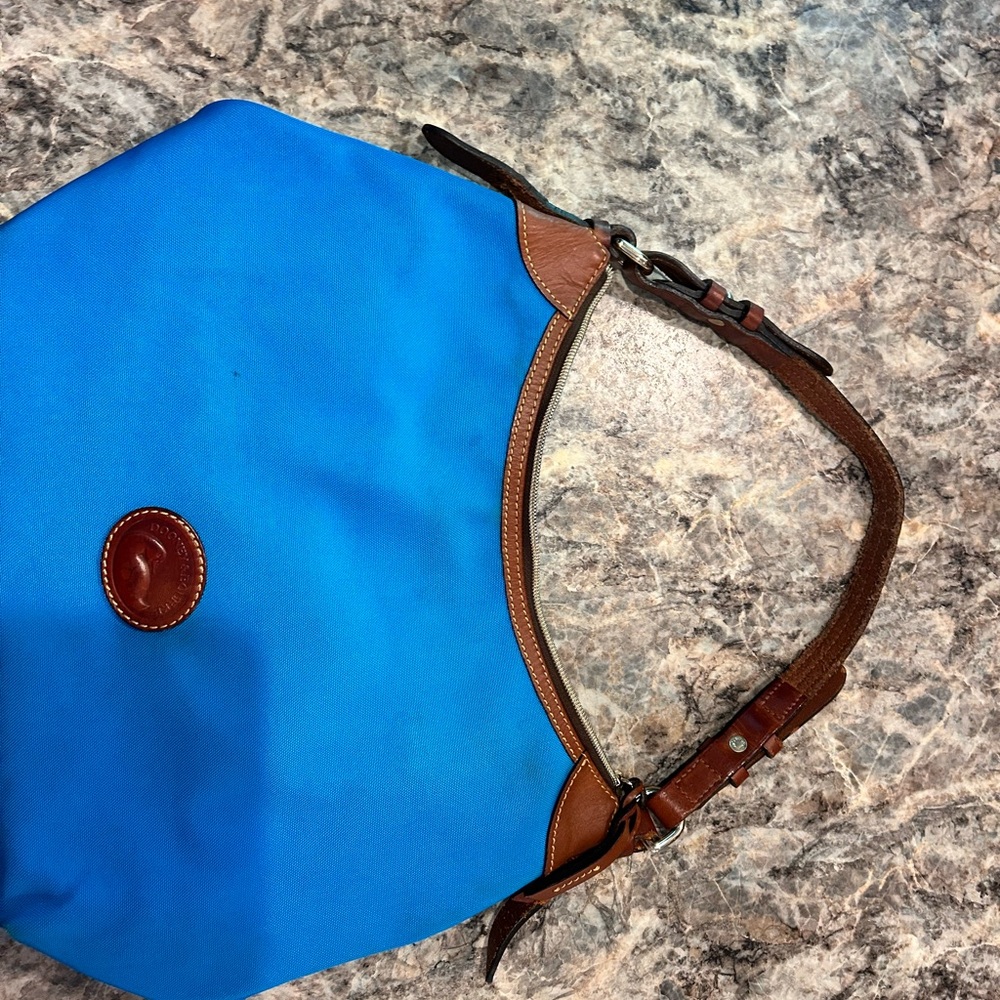 Dooney & Bourke Blue Nylon Shoulder Bag with Brown Leather Trim